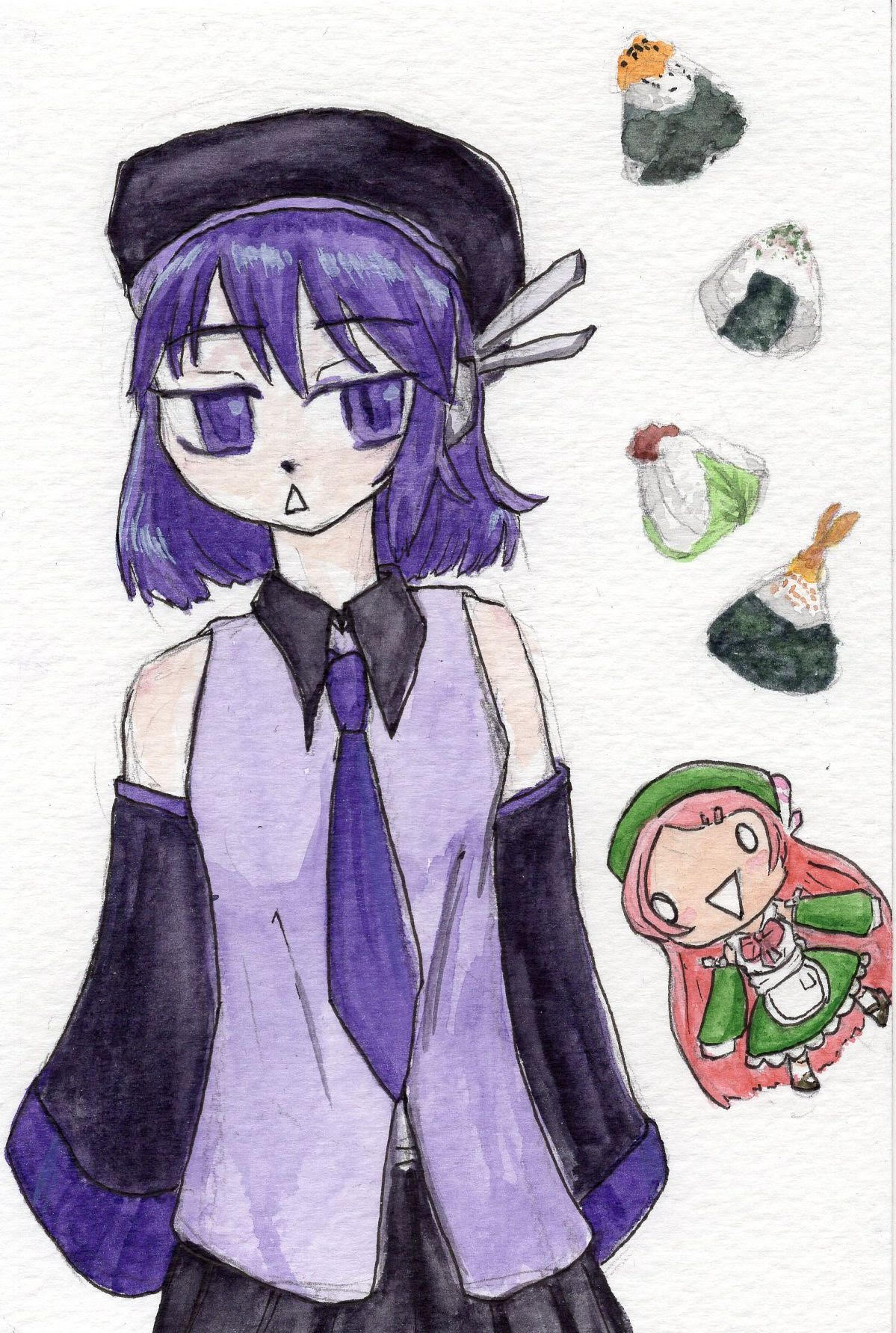 watercolor of utauloid defoko with riceballs and a chibi momone momo to the side