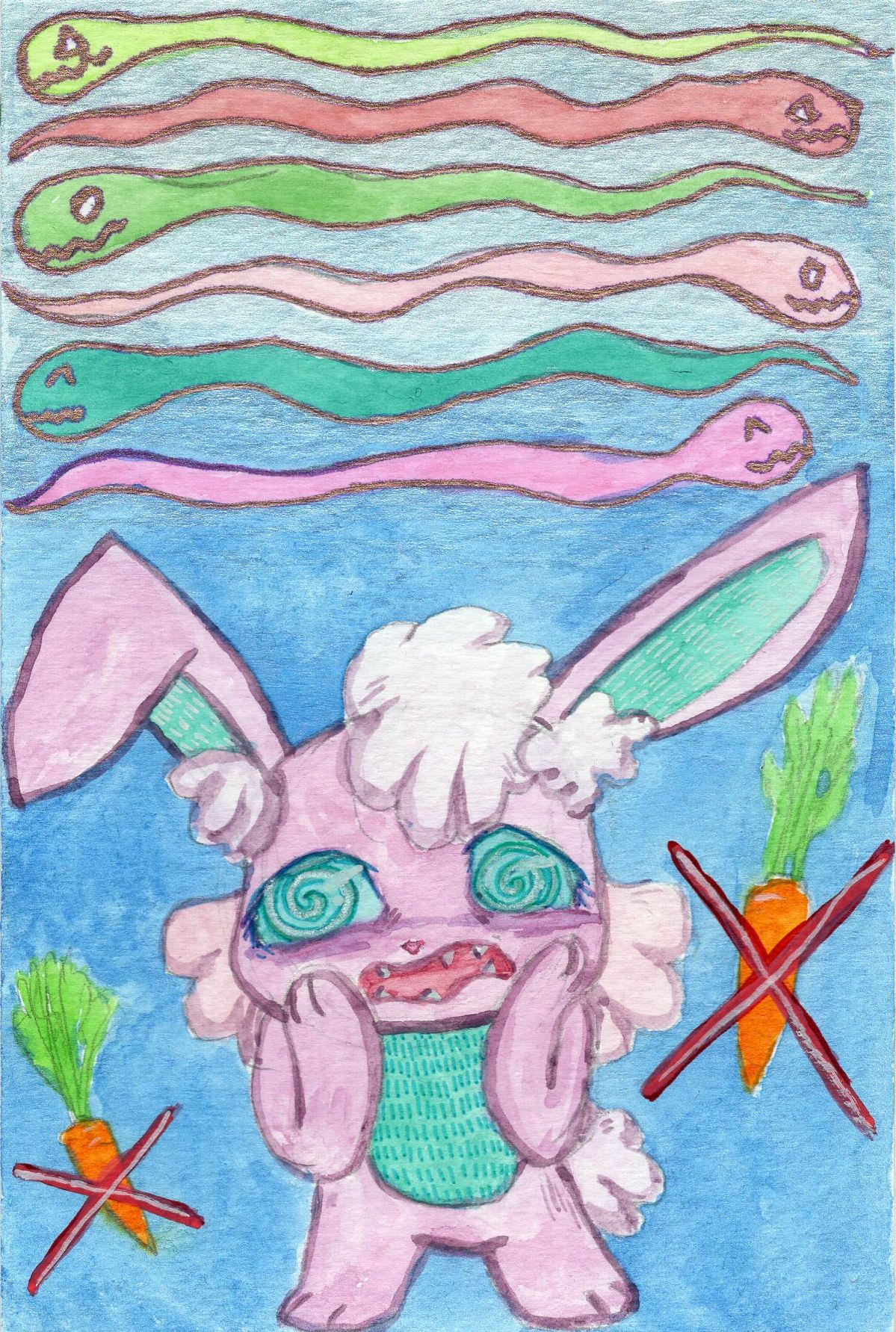 a cutsy rabbit with colorful snakes floating above with carrots to the side that are x'ed out with red