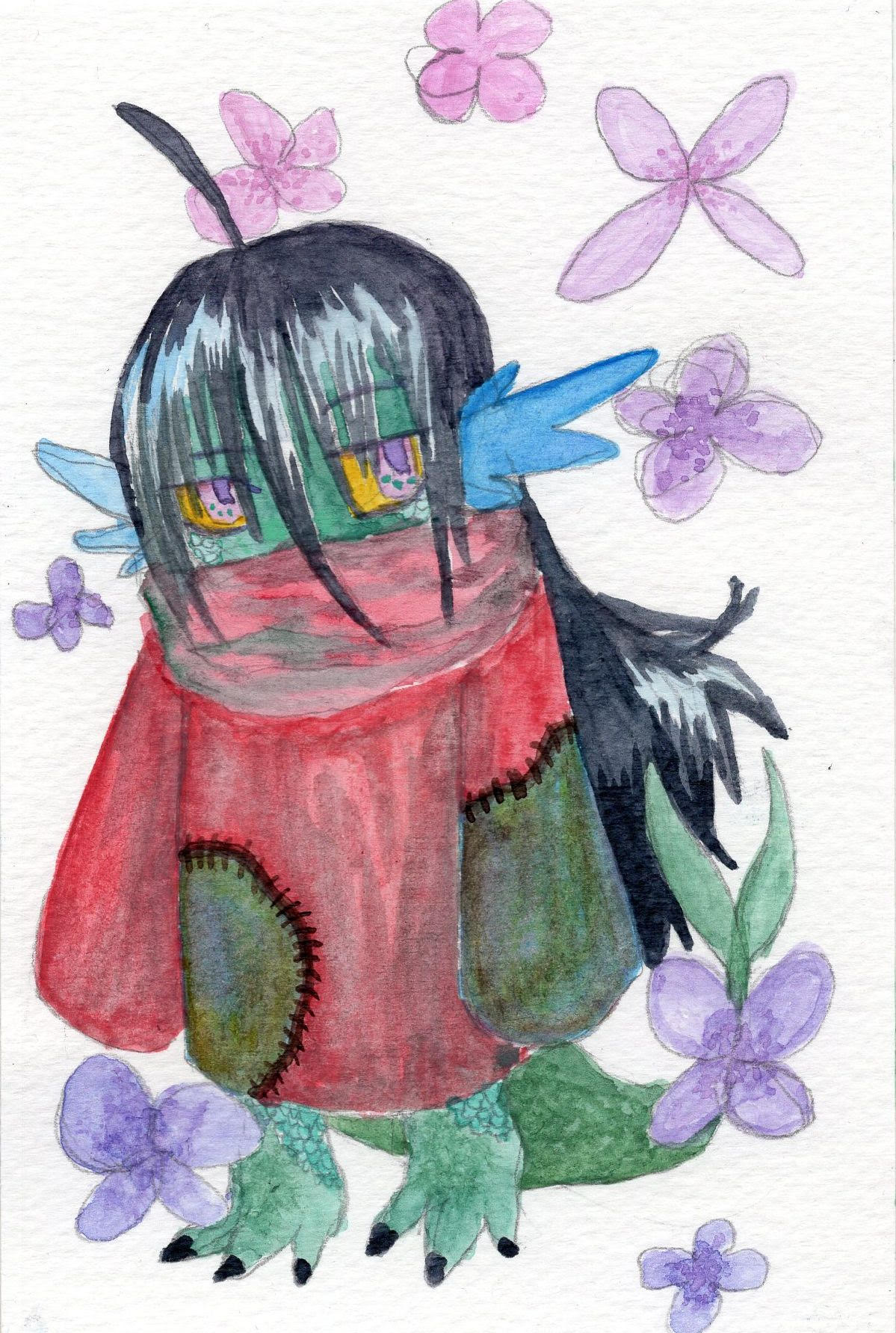 a grey-teal scaly creature with a fish tale and big yellow eyes and black hair, it wears a faded red sweater