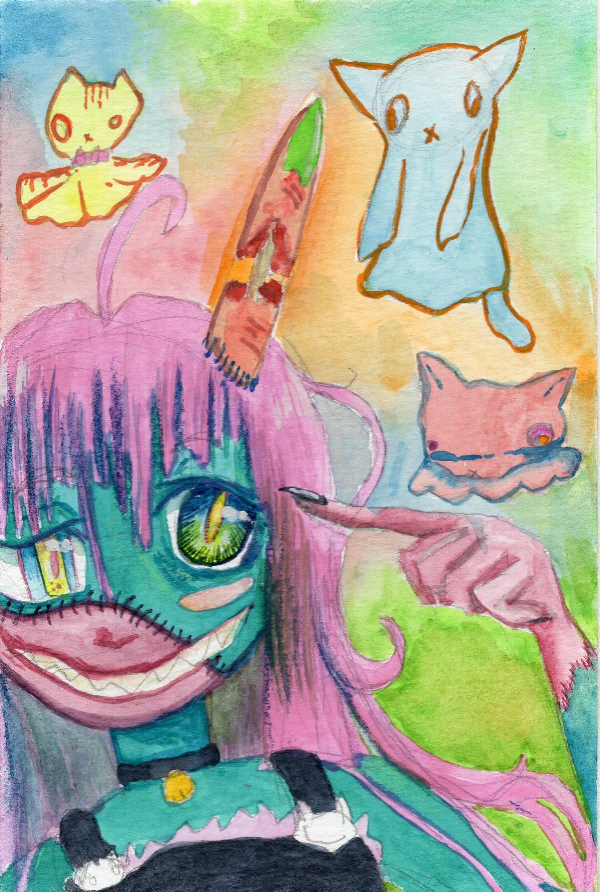 a pink haired zombie girl poking her head with her finger. another finger is also growing out of her head. she is surrounded by wobbly colorful cat ghosts